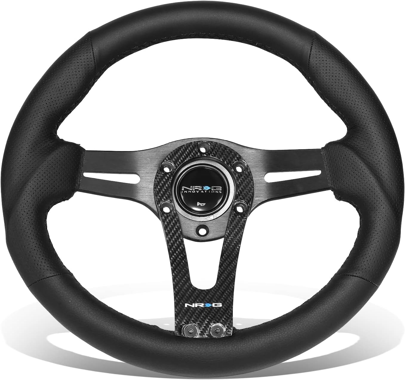 NRG-RST-002RCF Reinforced Steering Wheel 320mm Sport Lightweight Steering Wheel with Carbon Center Spoke, Black Leather and Rivets