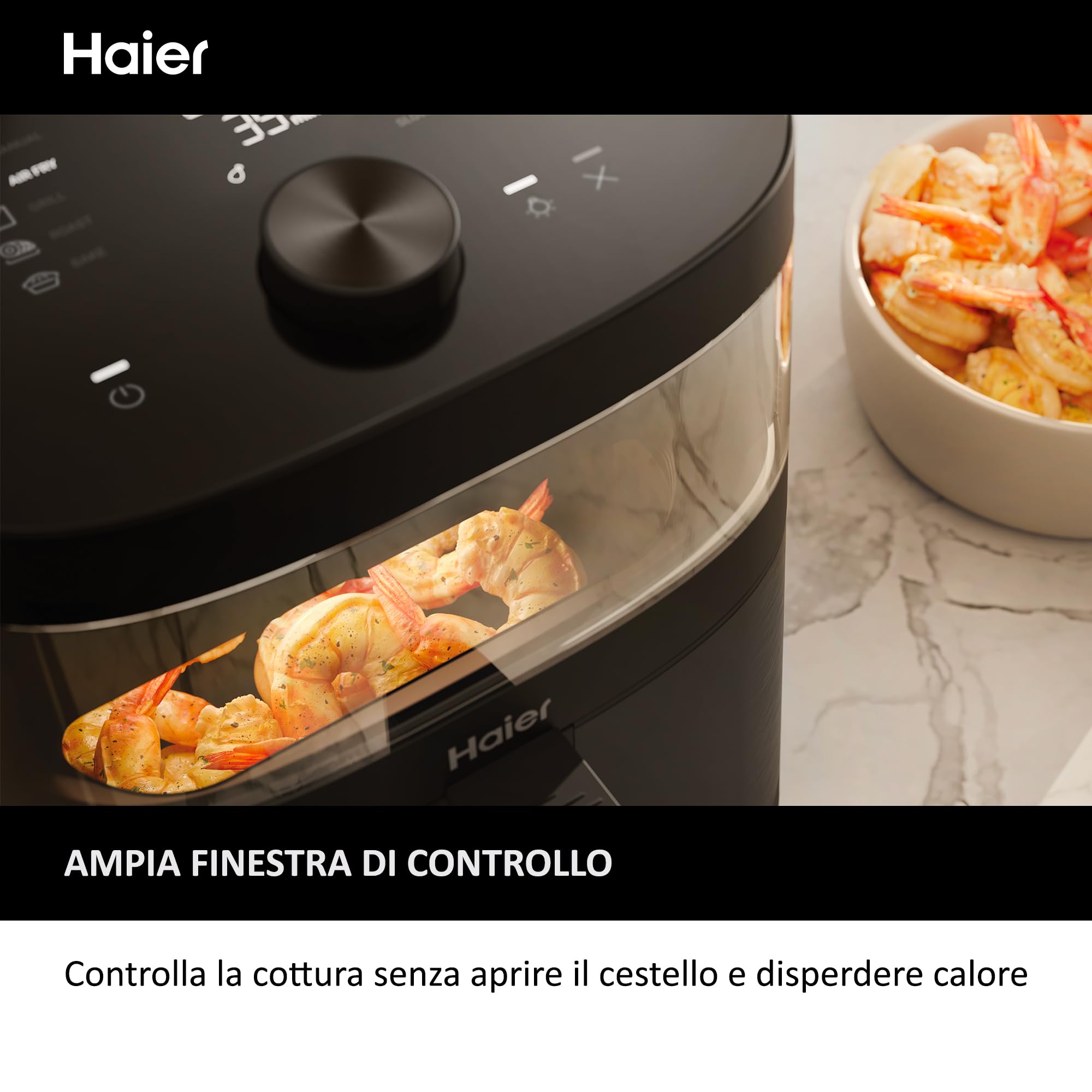 Friggitrice ad aria Haier Serie 5, 9 in 1, Display, Cuocere, Arrostire, Grigliare, Cottura Lenta, Scongelare, Yogurt, 7L, [Nero]