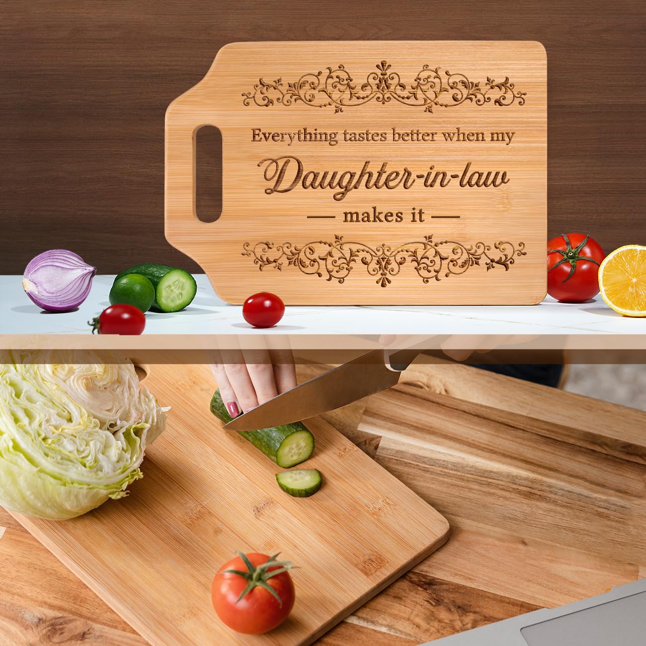 AceThrills Daughter in Law Gifts for Daughter in Law Birthday, Christmas, Mothers Day - Engraved Bamboo Cutting Board (Everything Tastes Better)