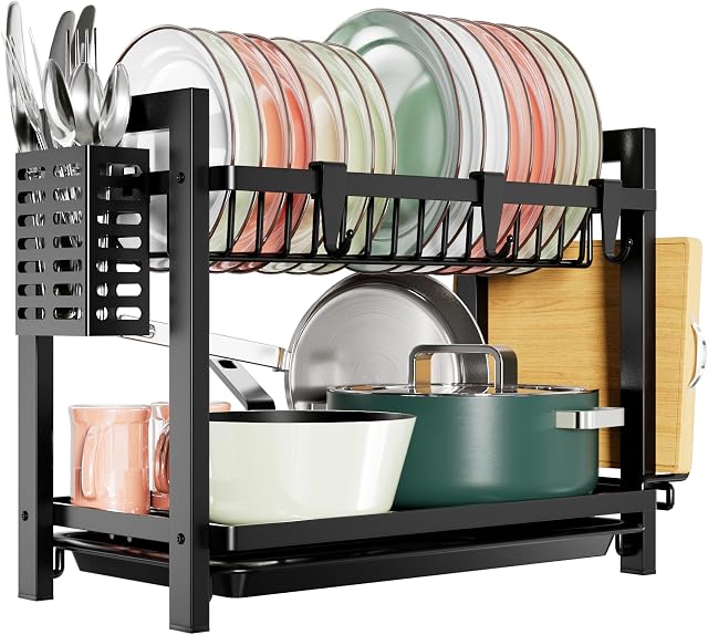 niffgaff 2 Tier Dish Drainer Rack with Drip Tray (41.5*24.5*34), Dish Drying Rack Kitchen with Utensil Cutting & Board Holder for Kitchen Counter (stainless steel)