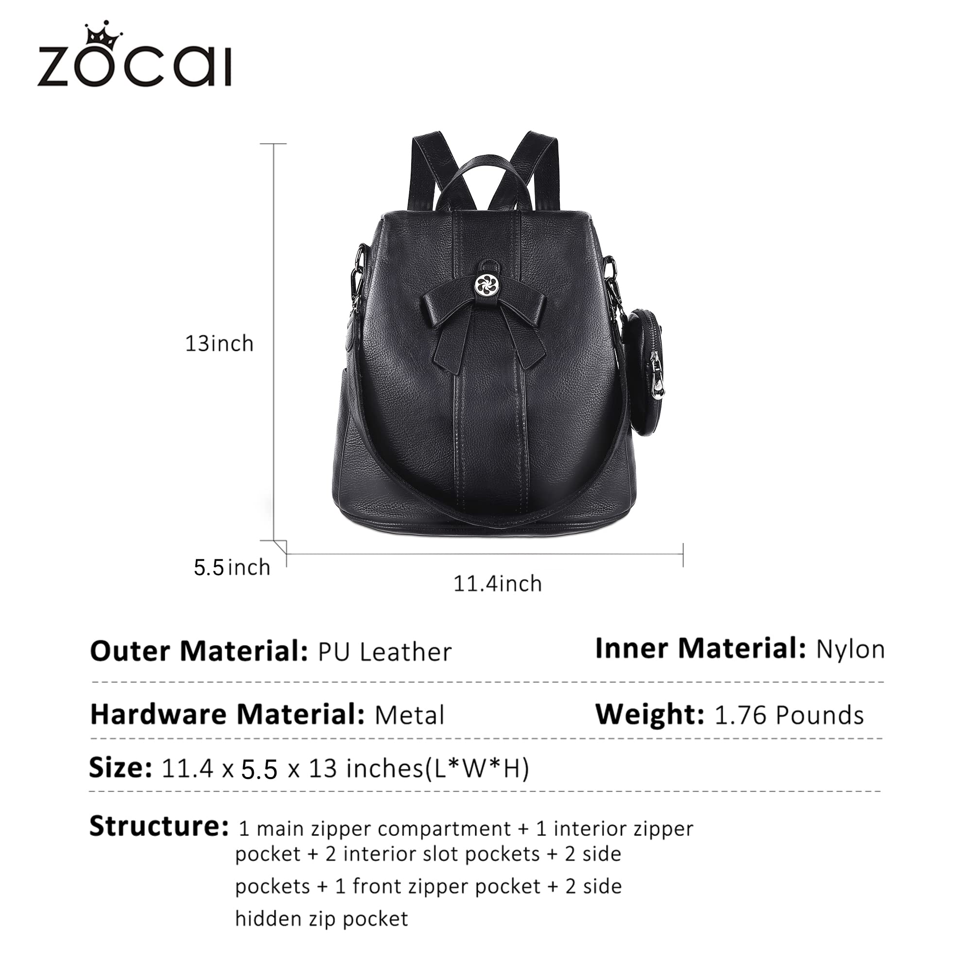 ZOCAI Mochila monedero para mujer de moda, carteras, de piel sintética, mochila diaria, antirrobo, bolso de hombro, monedero, Negro , M
