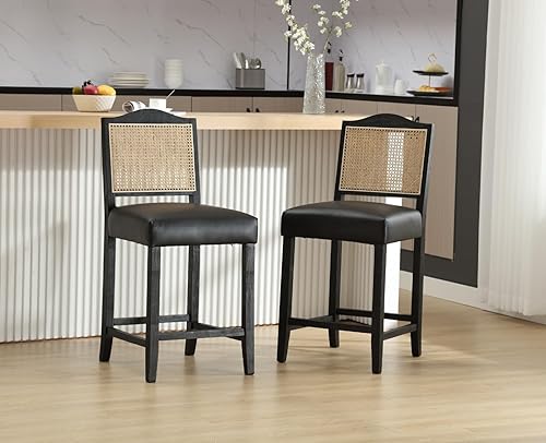 Juego de 2 taburetes de bar de ratán de altura de mostrador, taburetes de bar de mediados de siglo con respaldo de madera, sillas de bar tapizadas
