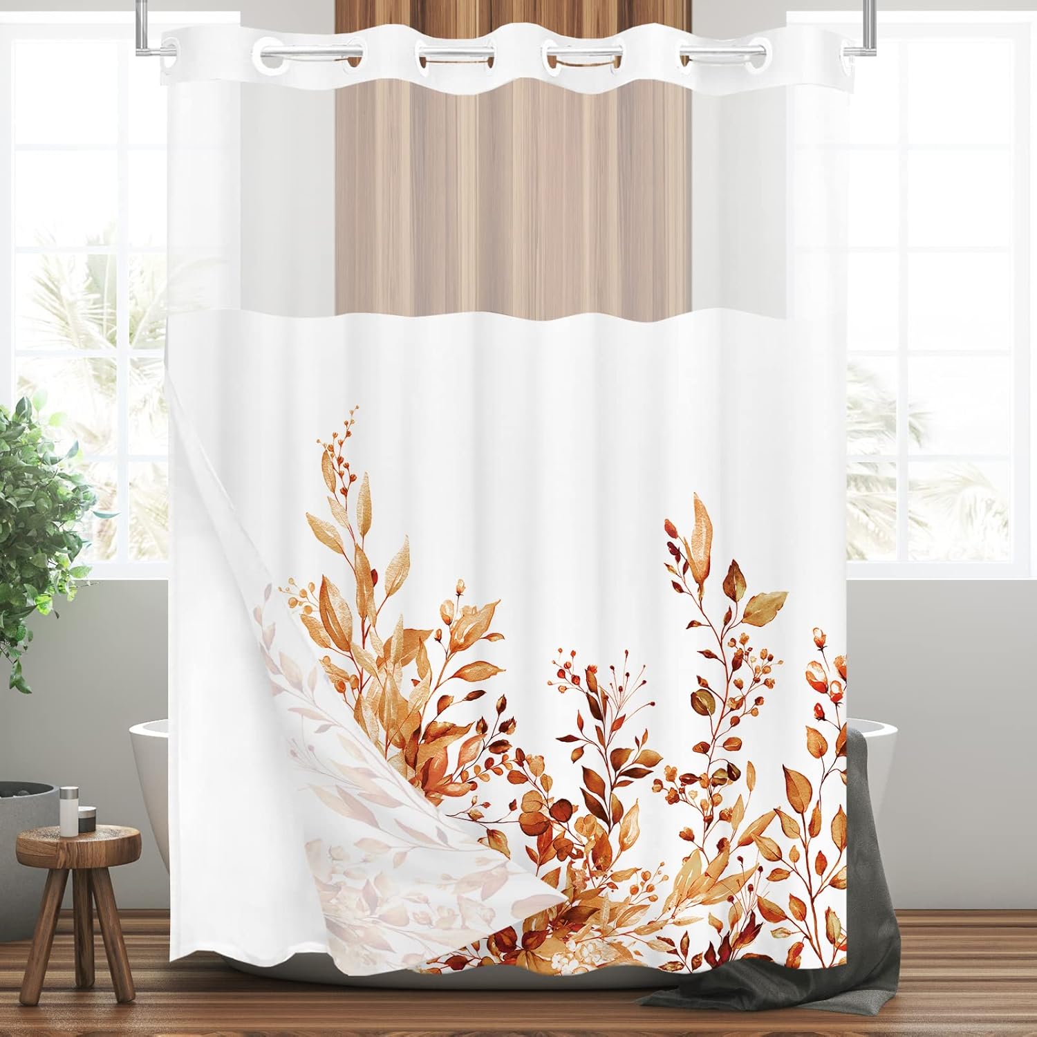 Tititex No Hooks Snap in Liner Orange Eucalyptus Leaves Shower Curtain Sets, Hotel Luxury Double Layers Waterproof Fabric & See-Through Top Window Bathroom Decorative 72x72 Inch