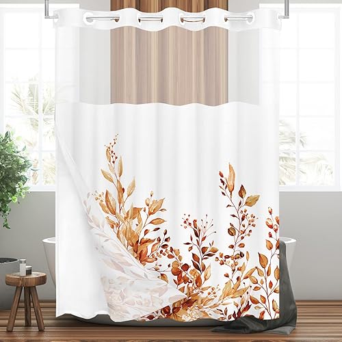 Miniatura 3 de Tititex Juego de cortinas de ducha sin ganchos con forro de hojas de eucalipto naranja, doble capa de lujo, tela impermeable y transparente para