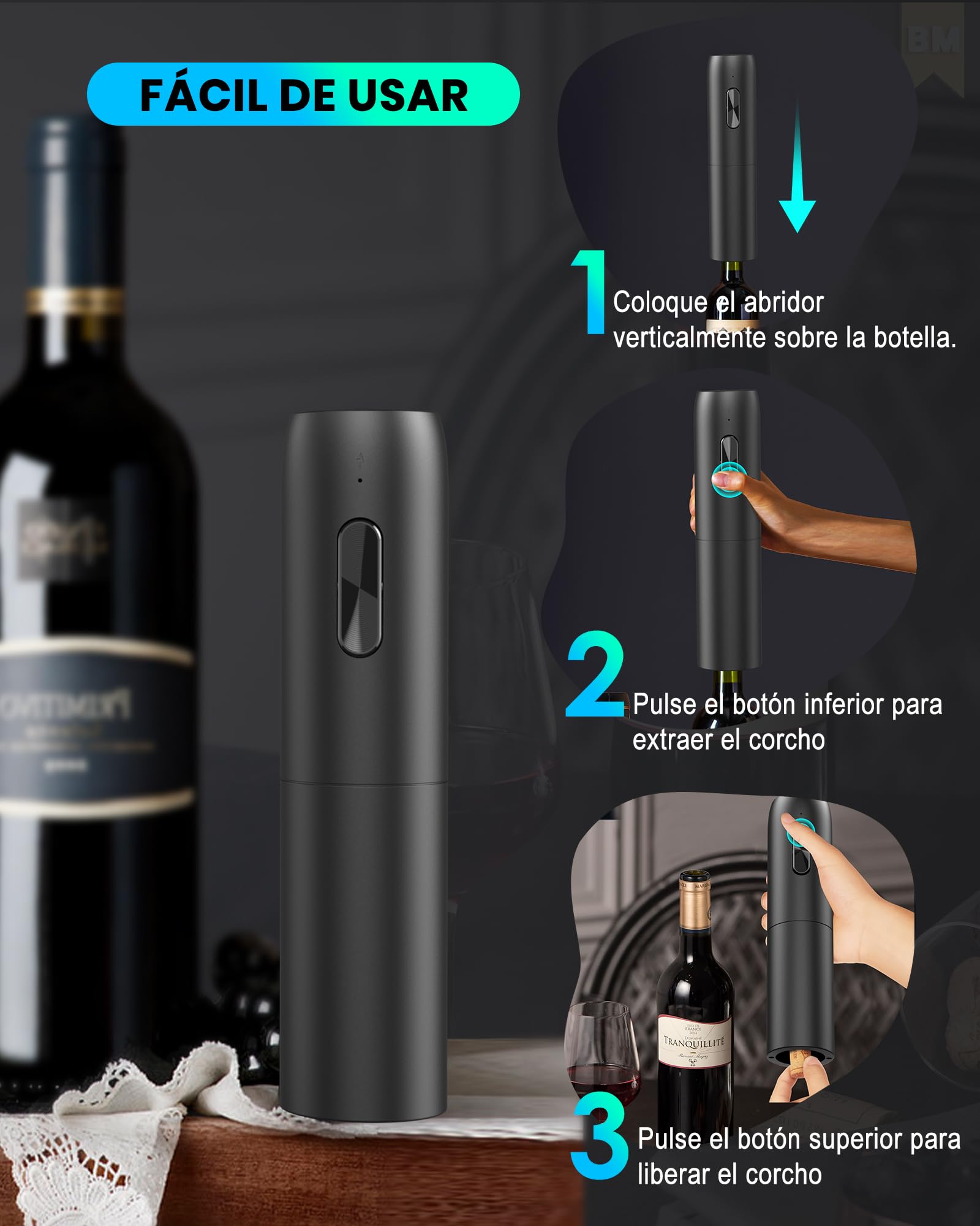 Sacacorchos eléctrico recargable, abridor de vino electrico abrebotellas profesional Regalo cumpleaños hombre mujere con cable de carga USB para amantes del vino Casa Cocina Fiesta Bar Boda