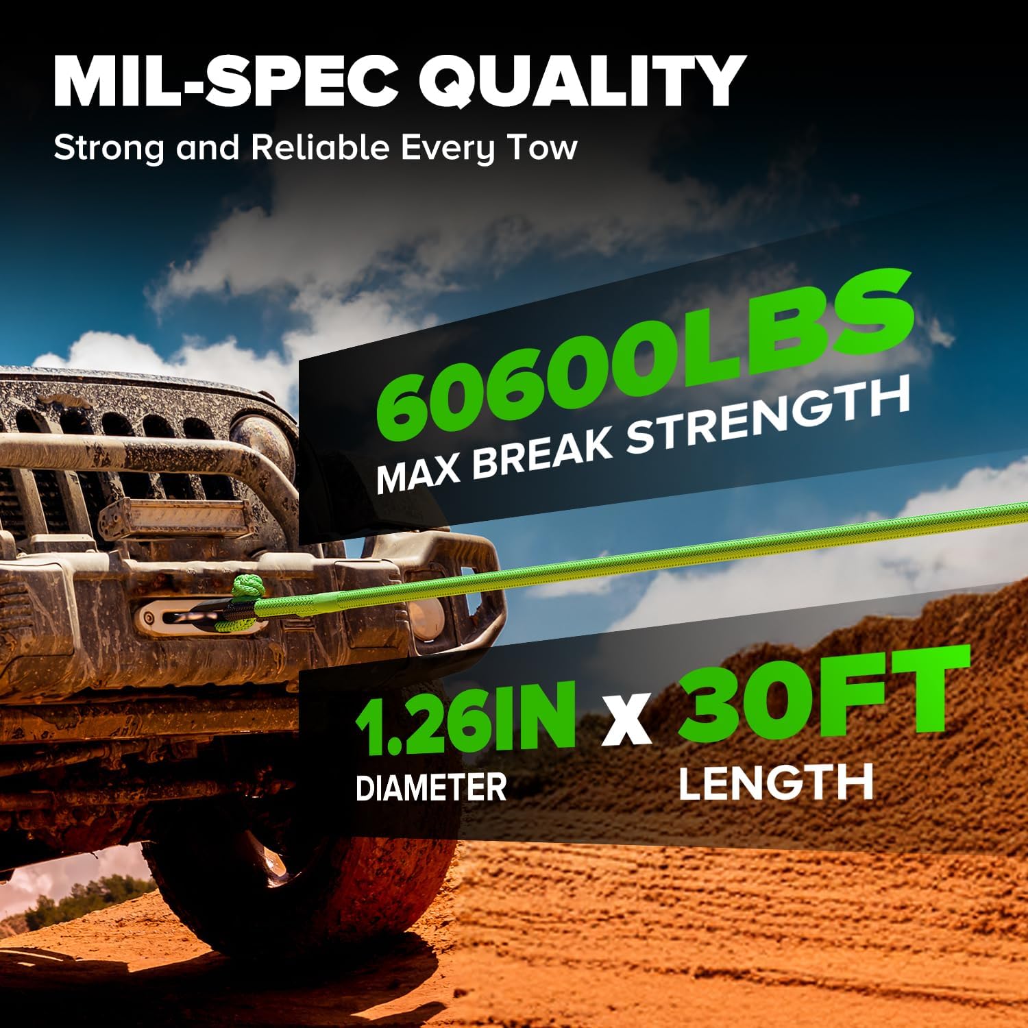 Kinetic Recovery Rope,1.26" x30ft Heavy Duty Offroad Tow Rope/60600 lbs Snatch Strap with Soft Shackles, 100% Nylon Offroad Towing Straps Kit for Truck ATV UTV SUV Jeep Car Tractor - Green