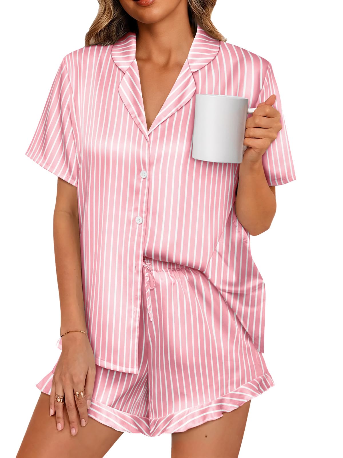 LILLUSORY Womens Satin Silk Pajamas Set 2 Piece Ruffle Pjs Winter Matching Lounge Sleepwear Button Down Striped Shirt Shorts
