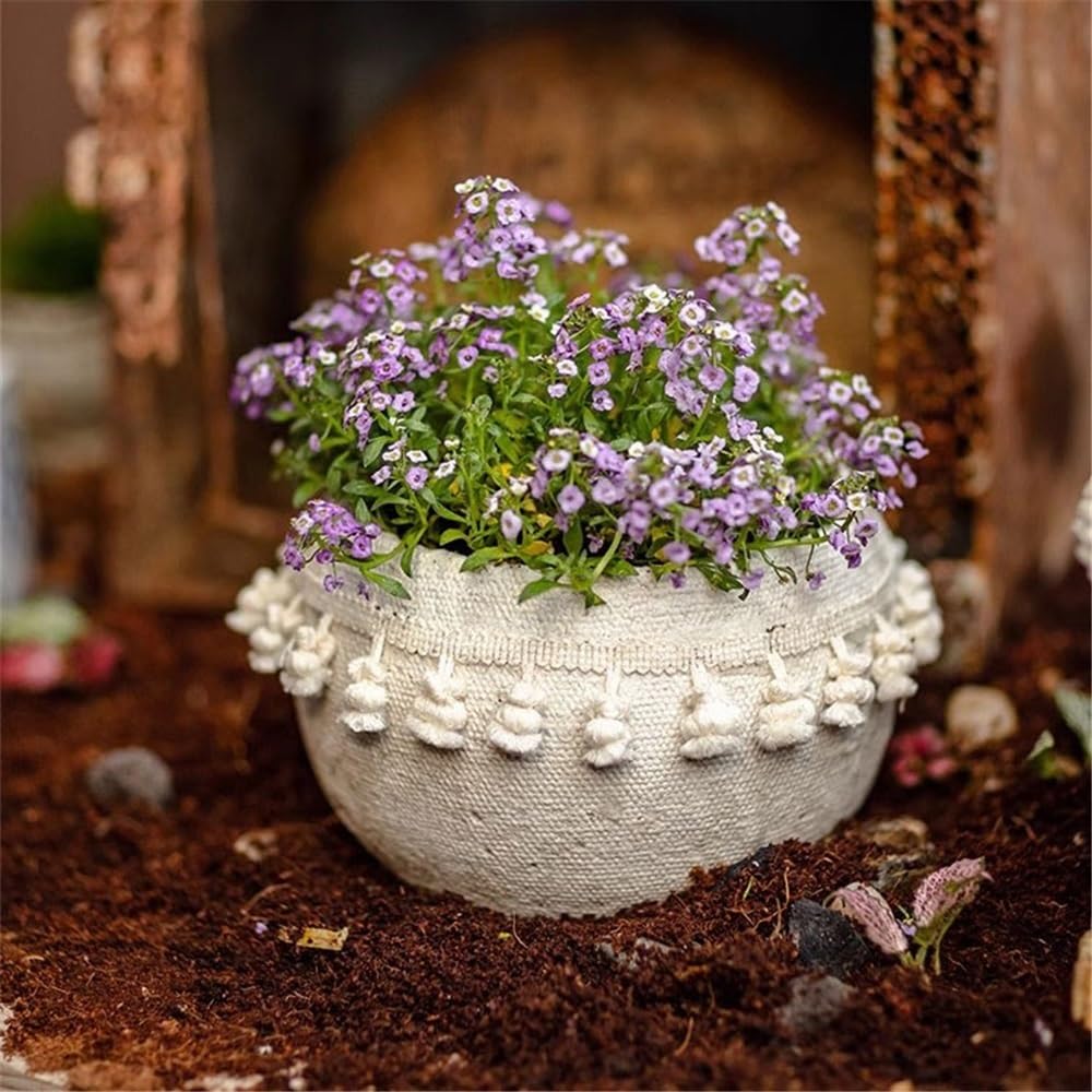 Atmungsaktiver Blumentopf Weißer Blumentopf mit rundem Webmuster und Fransen, Ablaufloch, Desktop-Blumentopf aus Zement for Balkon, Wohnzimmer, Küche, Pflanzenbehälter (2 Größen) pflanztopf(Groß)