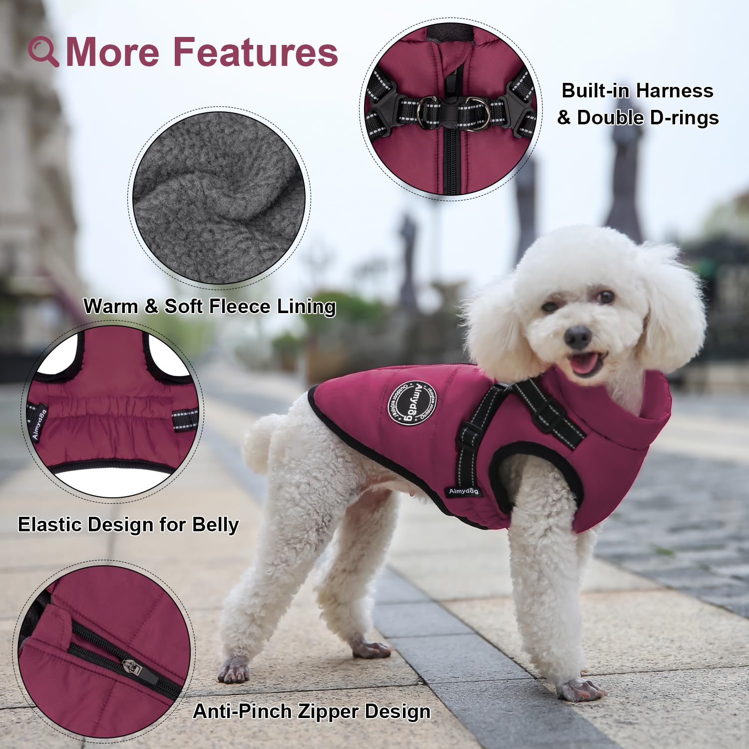 AIMYDOG Warm Dog Jacket, Reflective Fleece Vest with Built-in Harness, Waterproof Windproof Dog Snow Jacket, Purple, S/M - Image 3
