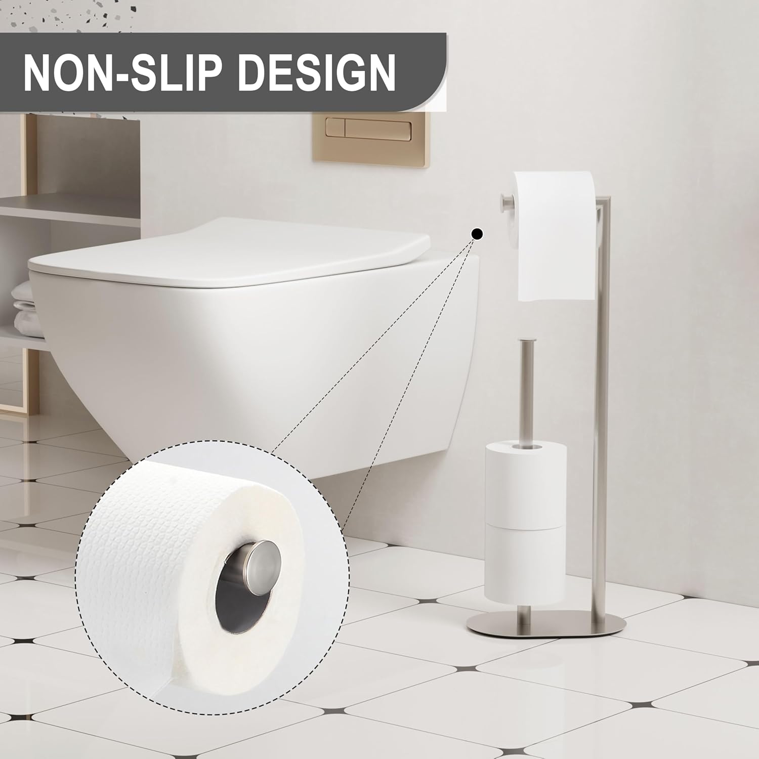 Brushed Nickel Freestanding Toilet Paper Holder with Reserve for Bathroom with Weighted Base, Modern Tissue Roll Holder Stand