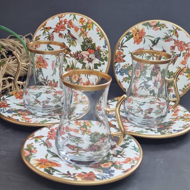 Eren Luxury Turkish 12 Pieces Hand Made Tea Set with 6 Tea Glasses, 6 Tea Plate for Tea Lover / Women / Men / Adults, for Home and Office  Set of 12 Tea Gift Set (British Style)