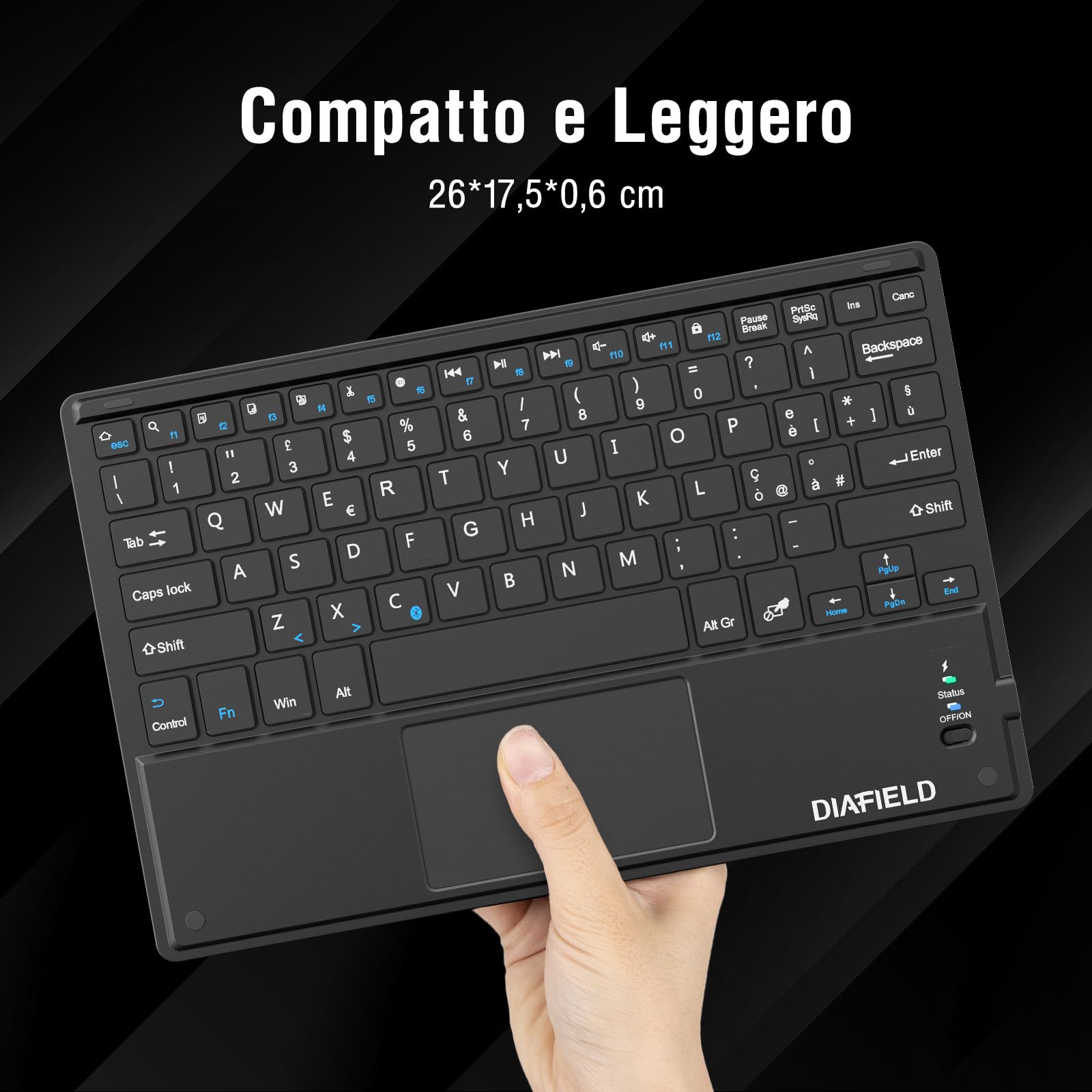1 BY ONE Diafield Tastiera Bluetooth Wireless Ultra Sottile con Multi Touch Integrato Touch Pad e Batteria Ricaricabile per Android IOS e Windows, Tastiera Wireless, Nera