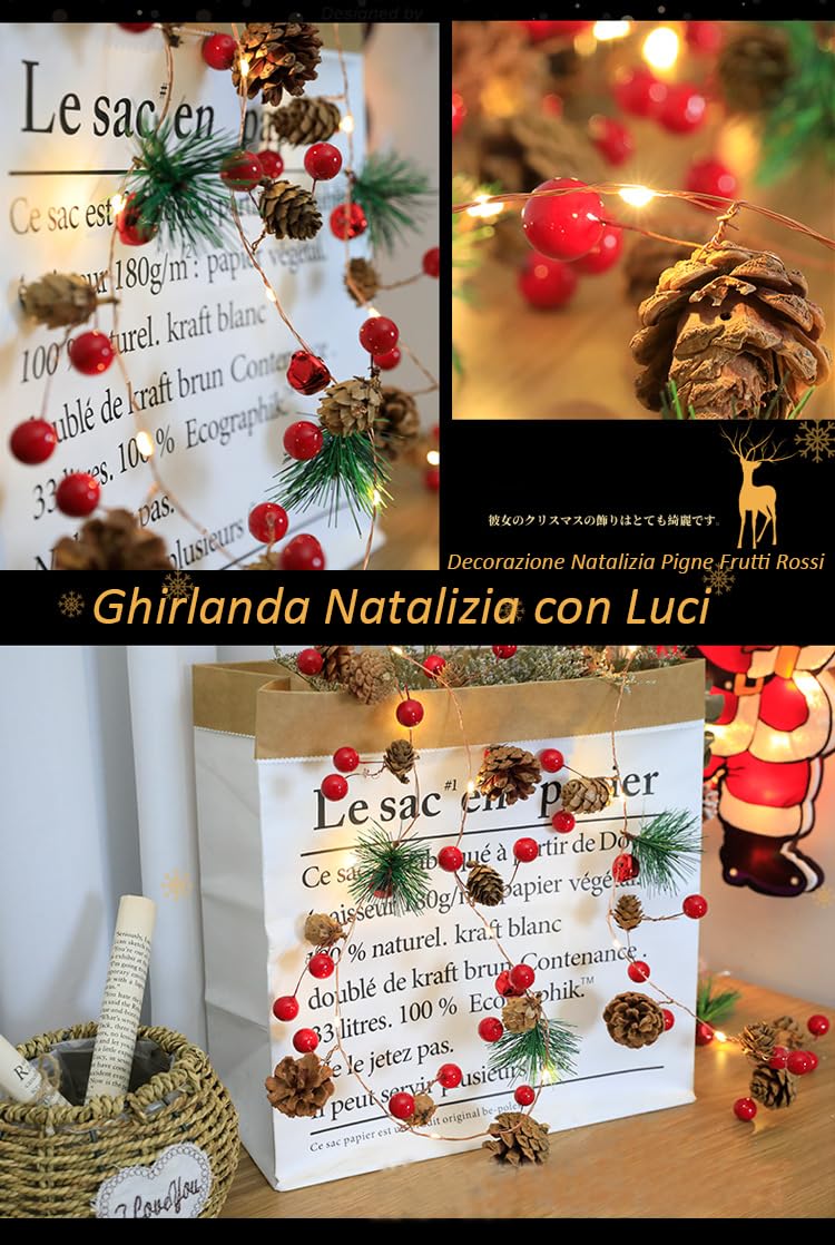 Ghirlanda Natalizia con Luci - Decorazioni Ghirlanda Natalizia 2 metri 20 leds con Pigna Frutto Rosso Pinoli Natale Decorazioni Casa per Decorare Camino Porta Scale Pareti Albero di Natale (Verde)