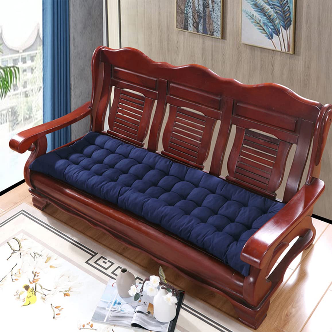 Banc de jardin dur : adoptez le coussin bleu 120 cm en coton isolant