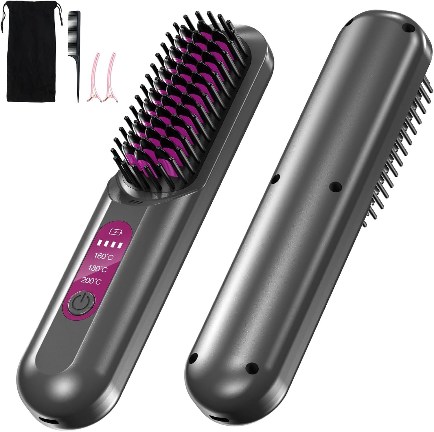 Anluomania Cordless Straightening Brush, Straightening Brush, 20 Million Negative Ions, Mini Hair Straightener, Wireless, Rechargeable Portable Heating Brush, Ceramic Straightener 160-230°C