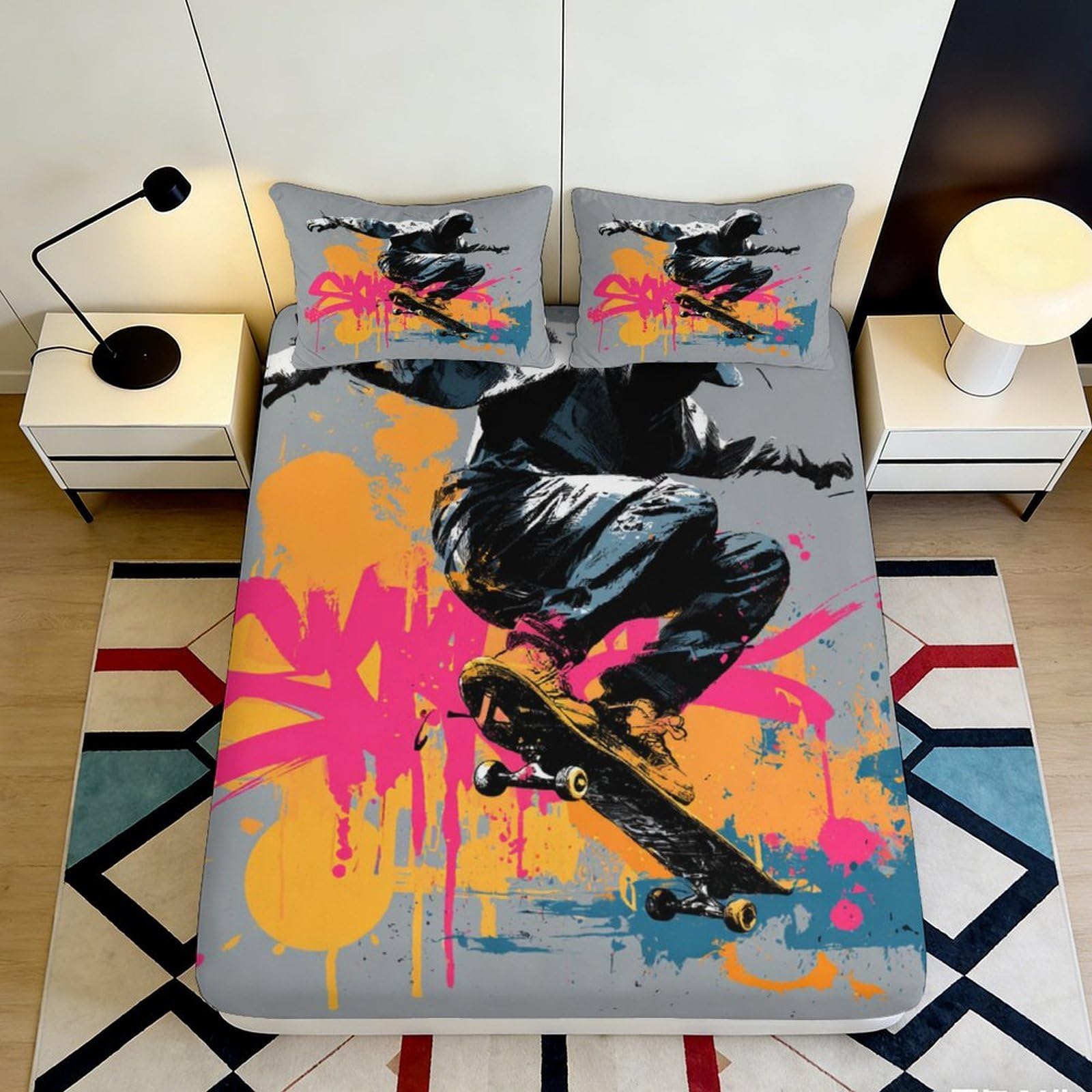 3D Printed Skate Graffiti Fitted Sheet Microfiber Non-Slip Deep Pocket Skateboard Mattress Fitted Cover Bedroom 180x200x25cm