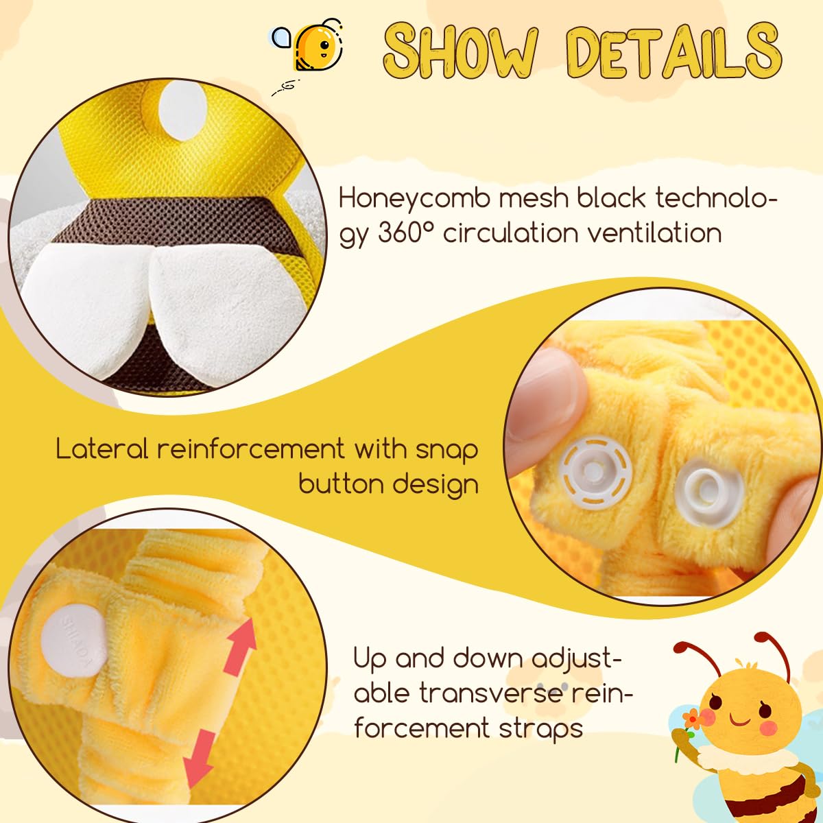 Baby Head Protector,Infant Fall Protection, Baby Head Protector Cushion Backpack with Baby Knee Pads Anti Slip Socks for Walking & Crawling (Yellow Bees)