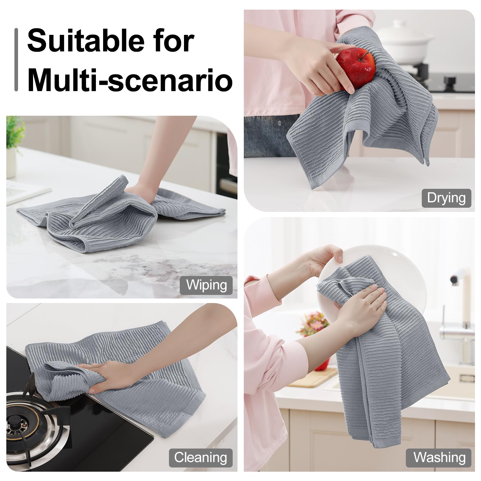 Homaxy Lot de 12 grands torchons de cuisine 100 % coton, ultra absorbants, en tissu éponge côtelé, avec boucle de suspension, 45,7 x 71,1 cm, gris