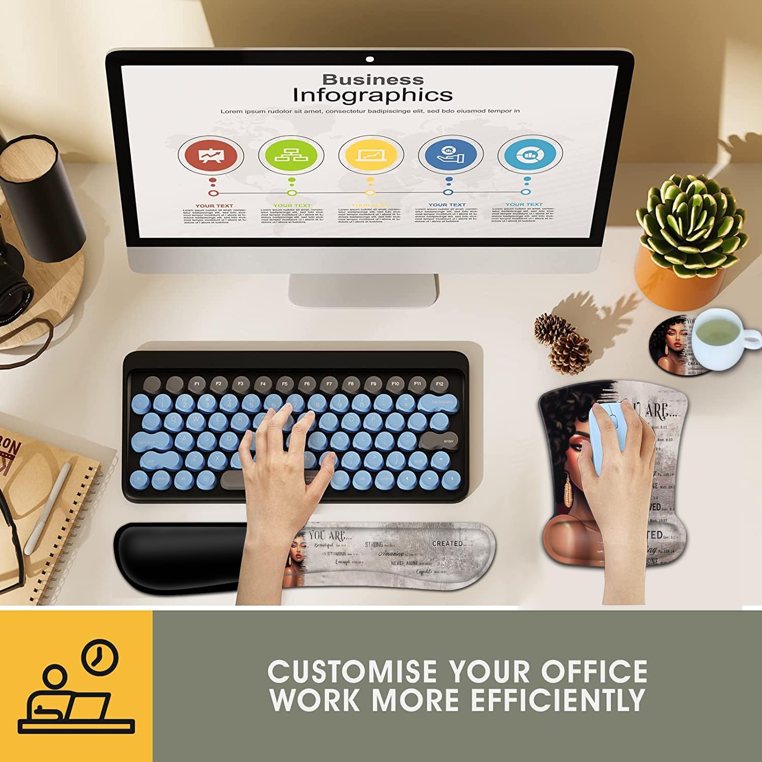 Keyboard Wrist Rest and Mouse Pad Wrist Support Set, Ergonomic Gel Mouse Pad Wrist Rest with Non-Slip Base for Home Office Desk Pad, African American Women Black Girl Black Gaming Mouse Mat