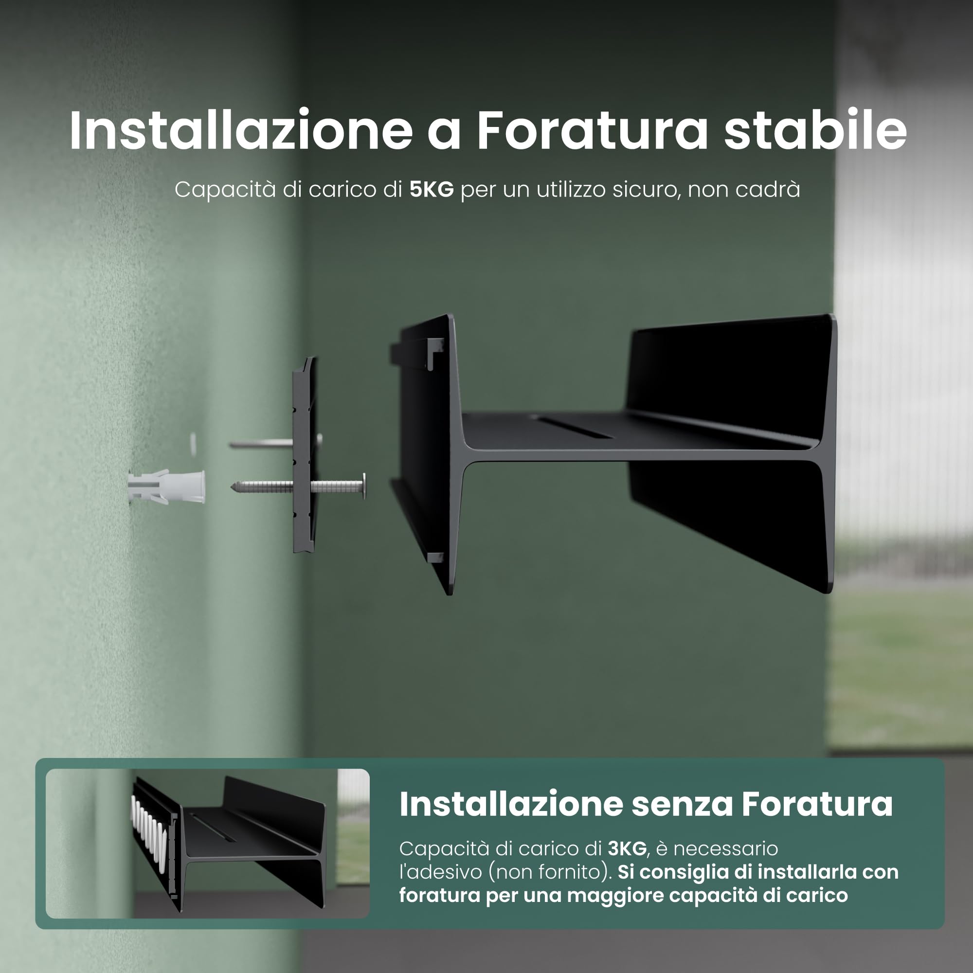 Mai & Mai Mensola da Parete Multifunzionale 40cm, Nero Opaco | Mensola per Doccia, Lega di Alluminio-Magnesio, Antiruggine Mensola da Appendere per Bagno e Cucina, Rimovibile, Reglo-03