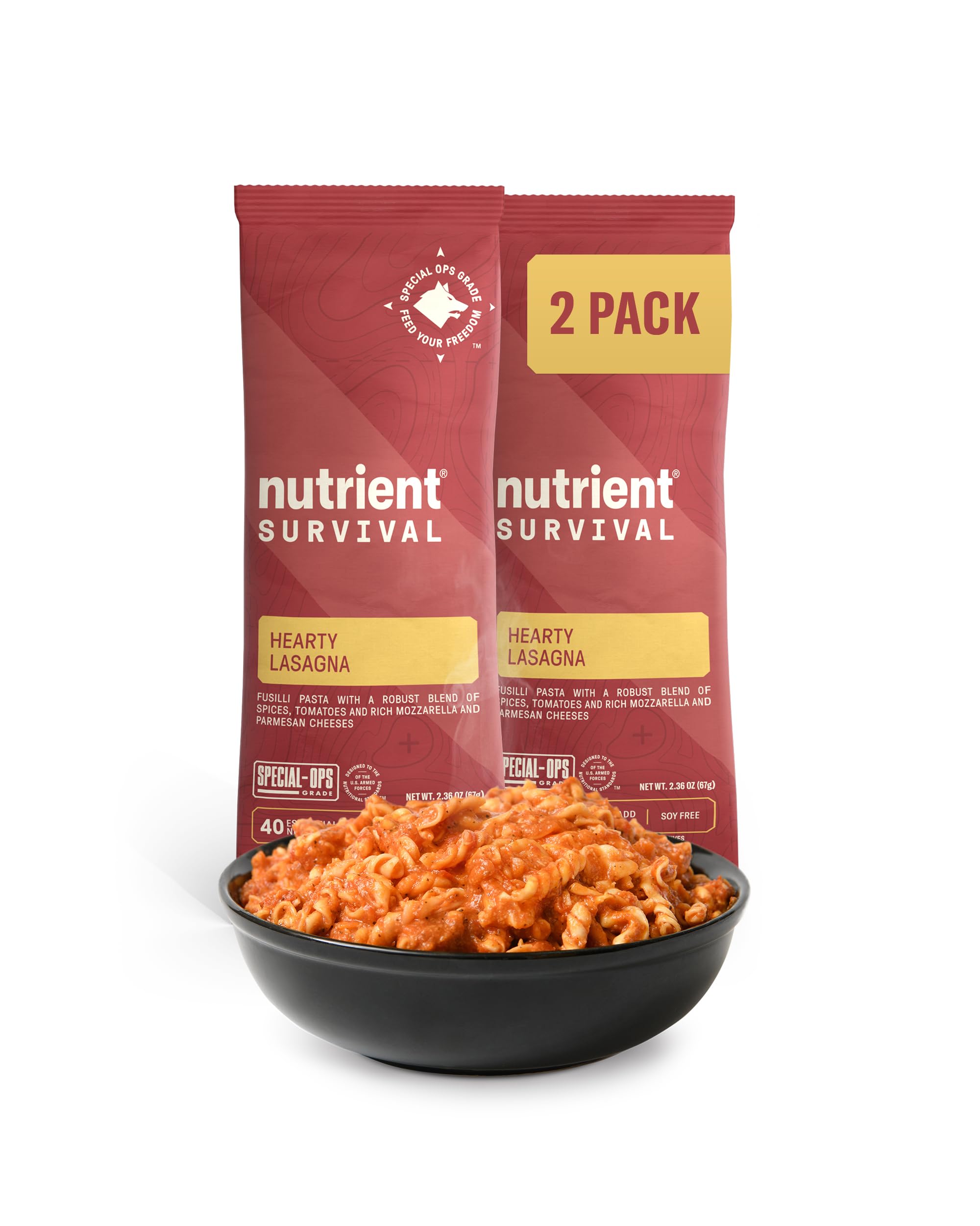 Nutrient SurvivalHearty Lasagna, Ready to Eat Meals (2 Single Servings) Camping, Backpacking & Hiking Freeze Dried Emergency Food Supply, 40 Essential Nutritients, Shelf Stable Up to 15 Years