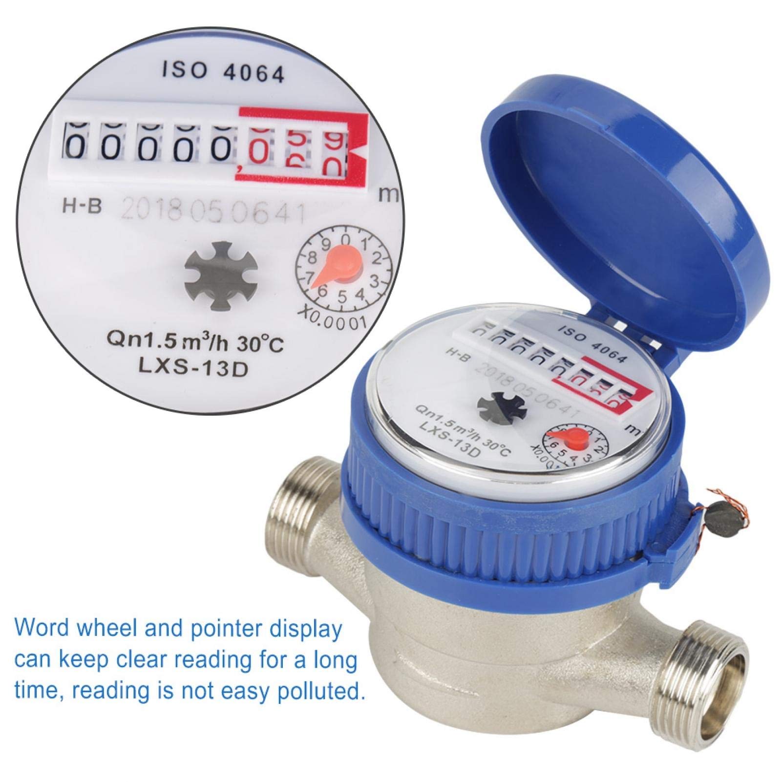 Compteur d'eau - Débit de compteur d'eau froide 15mm 1/2 pouce avec raccords pour la maison et le jardin