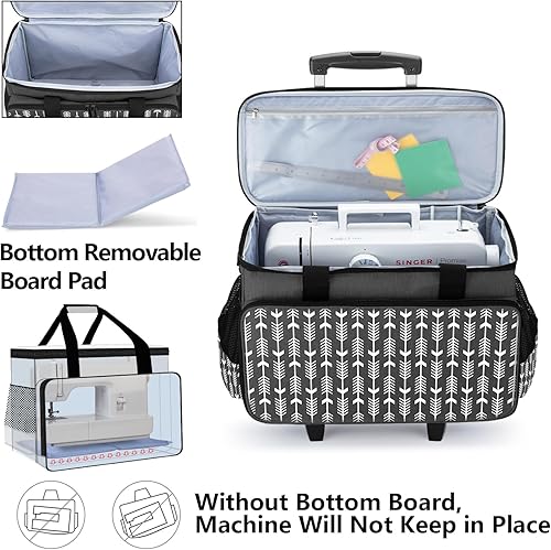 Miniatura 44 de Yarwo Funda de transporte mejorada para máquina de coser con ruedas, bolsa de mano desmontable con tabla inferior extraíble y pata de remolque
