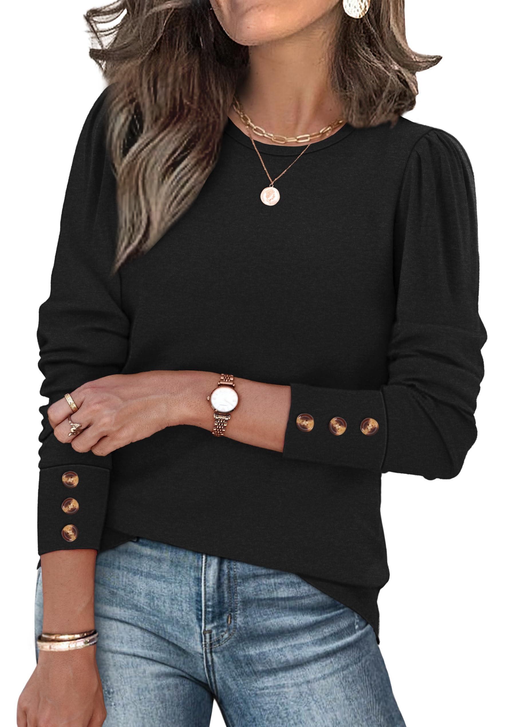 OFEEFAN Long Sleeve Shirts for Women Blouses Dressy Casual Womens Sweaters Puff Sleeve Fashion Clothing Tops with Buttons