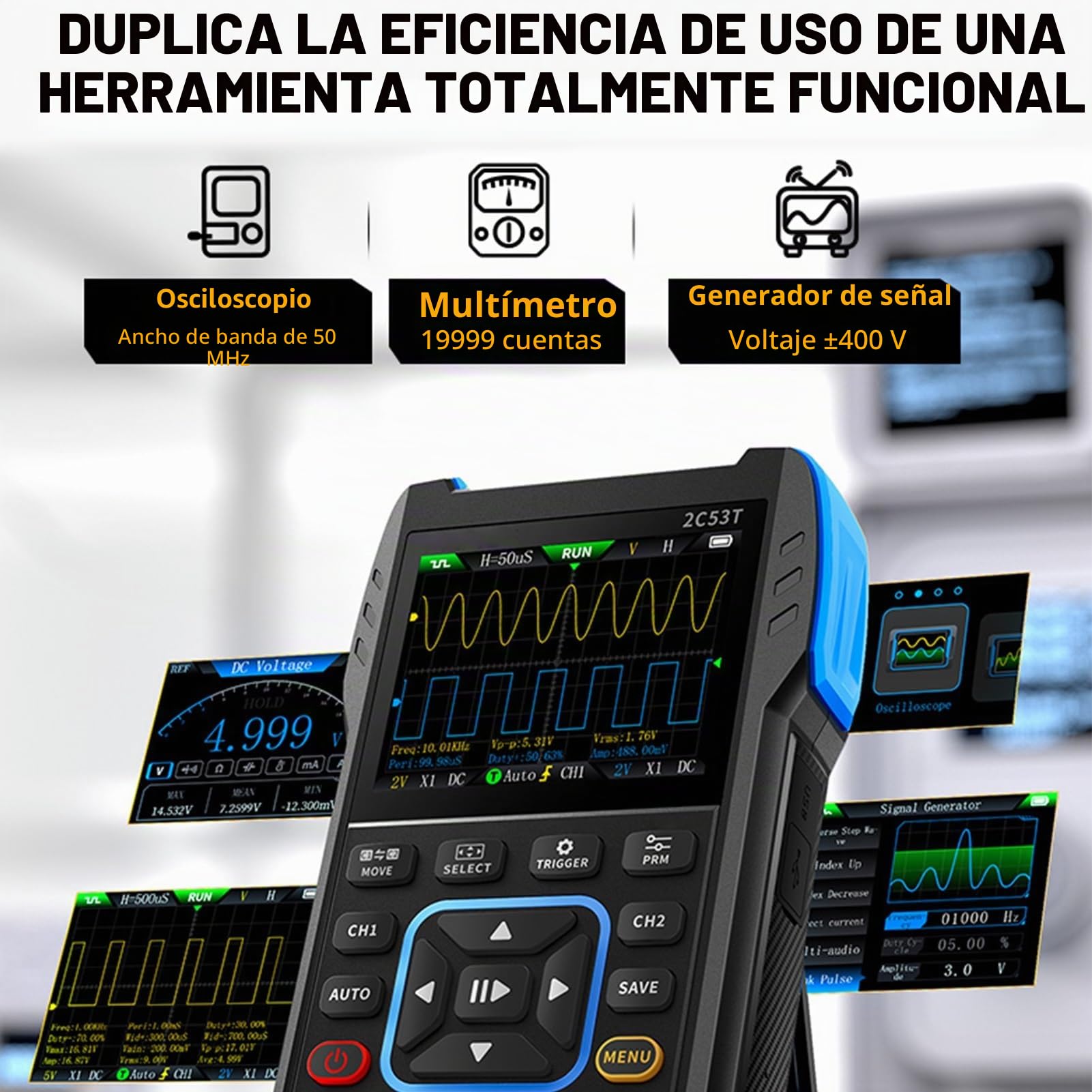 Jadeshay Osciloscopio Digital Osciloscopio Portátil 2C53T Generador de Señal Portátil de 2 Canales con Ancho de Banda de 2 × 50 MHz Frecuencia de Muestreo de 250 MS/s Exportación de Datos