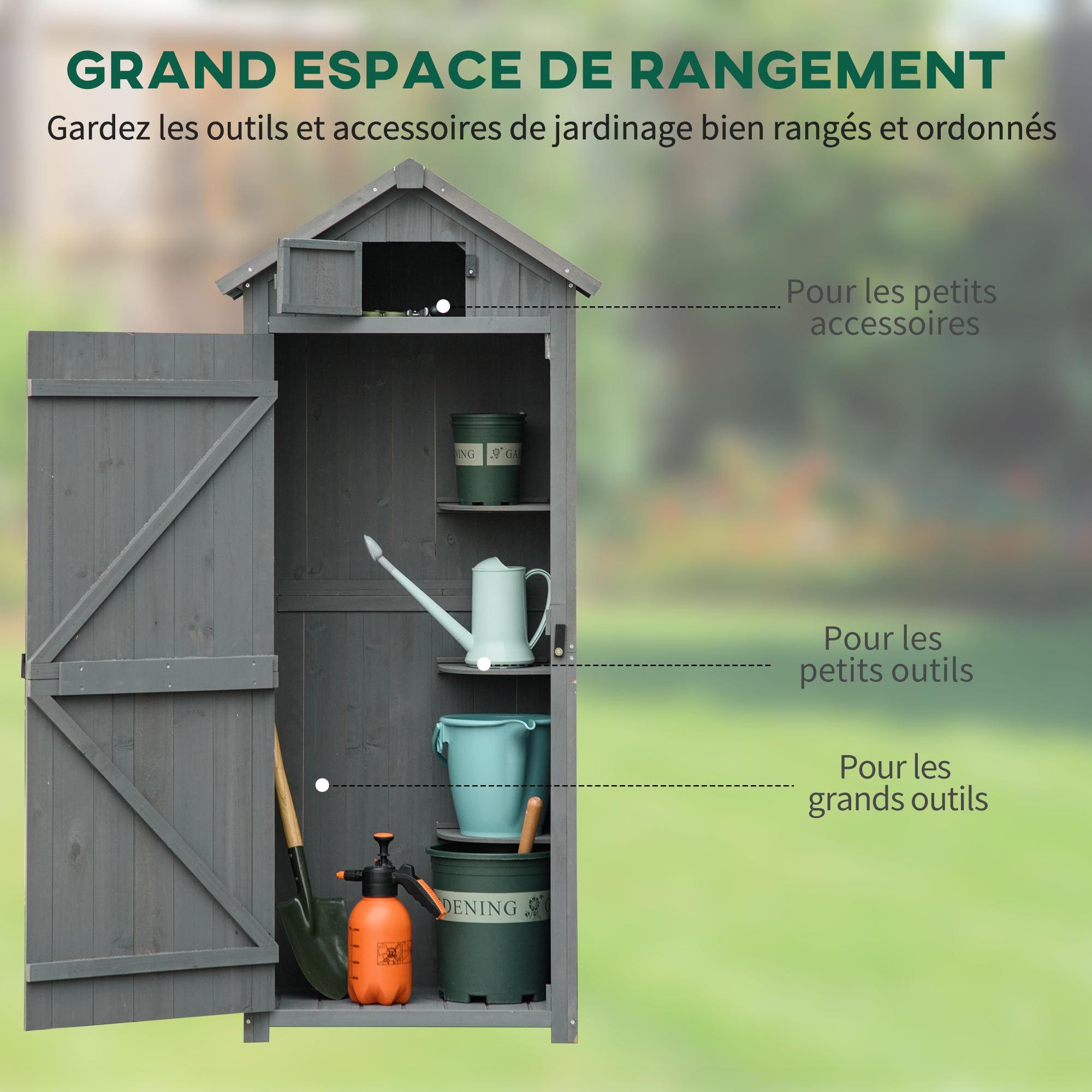 Outsunny Tuinkast, 0,43m² Houten Opbergkast, Tuinhuisje met Asfaltdak, Dubbele Deur, Opbergkast met Slot voor Balkon, Terras, Natuur, 102 x 54 x 177 cm