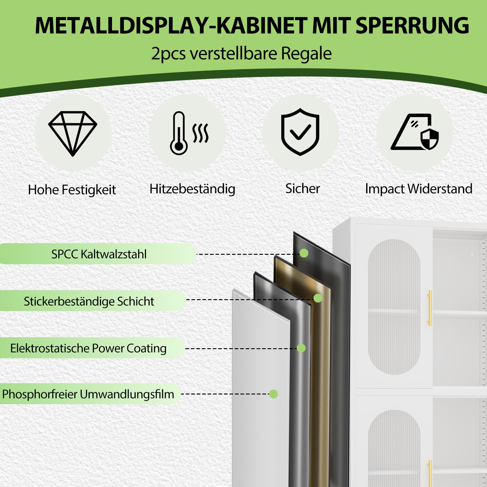 155㎝ H Metallküche Speisekammer Aufbewahrungsschrank, freistehender Schrank mit 4 Acrylglastüren und 2 verstellbaren Regalen, stehende Aufbewahrung für Küche, Bad, Garage oder Esszimmer (Weiß)