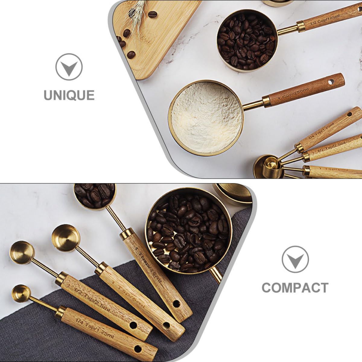 Set Cucchiaini Dosatori 8 Pezzi in Acciaio Inox e Legno, Impilabile