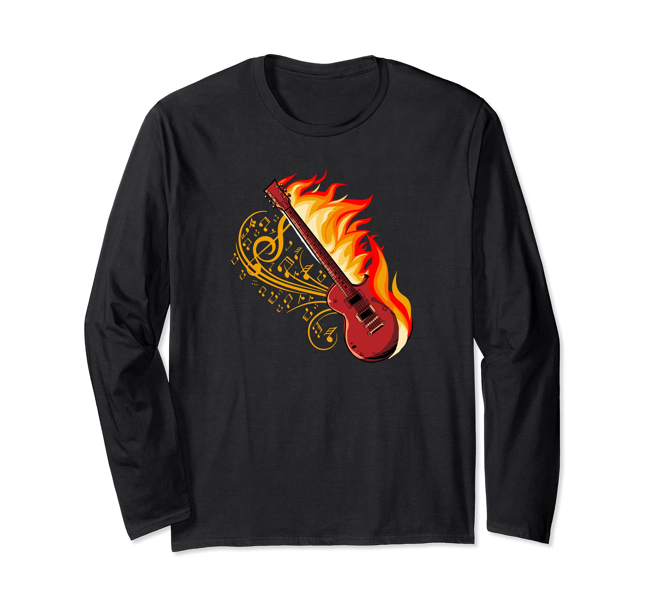 Electric Guitar Musician - E-Guitar Flames Rock Guitarist Long Sleeve T-Shirt, Black