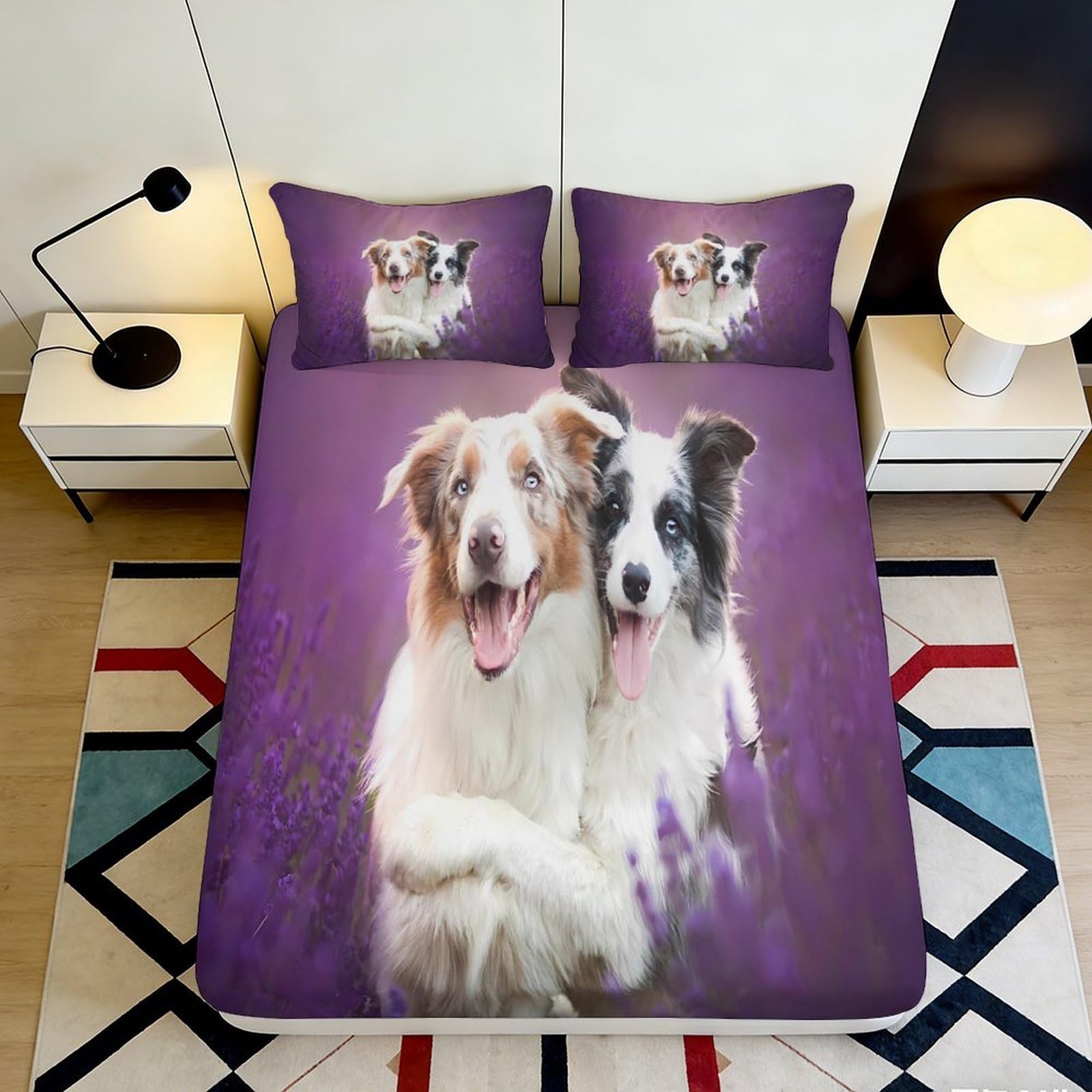 3D Printed Border Collie Fitted Sheet Microfiber Deep Pocket Non-Slip Bedroom Bedding Border Collie Mattress Fitted Cover Full Wrap Washable 160x200x25cm