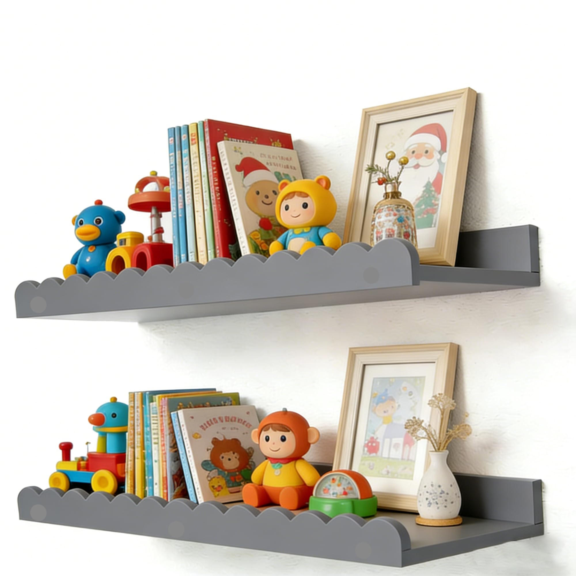 Guittly Nursery Shelves, Floating Book Shelves Set of 2, Wall Mounted Bookshelf for Kids Room, Solid Pine Wood Floating Shelves for Toddler Room, Bedroom Wall Decor (Grey)
