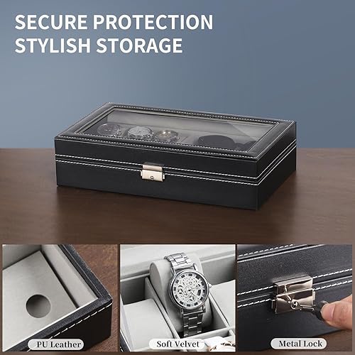 Miniatura 4 de AUTOARK Caja de cuero para 6 relojes y 3 lentes y lentes de sol con organizador de joyas cajas de almacenamiento para hombres y mujeres tapa de