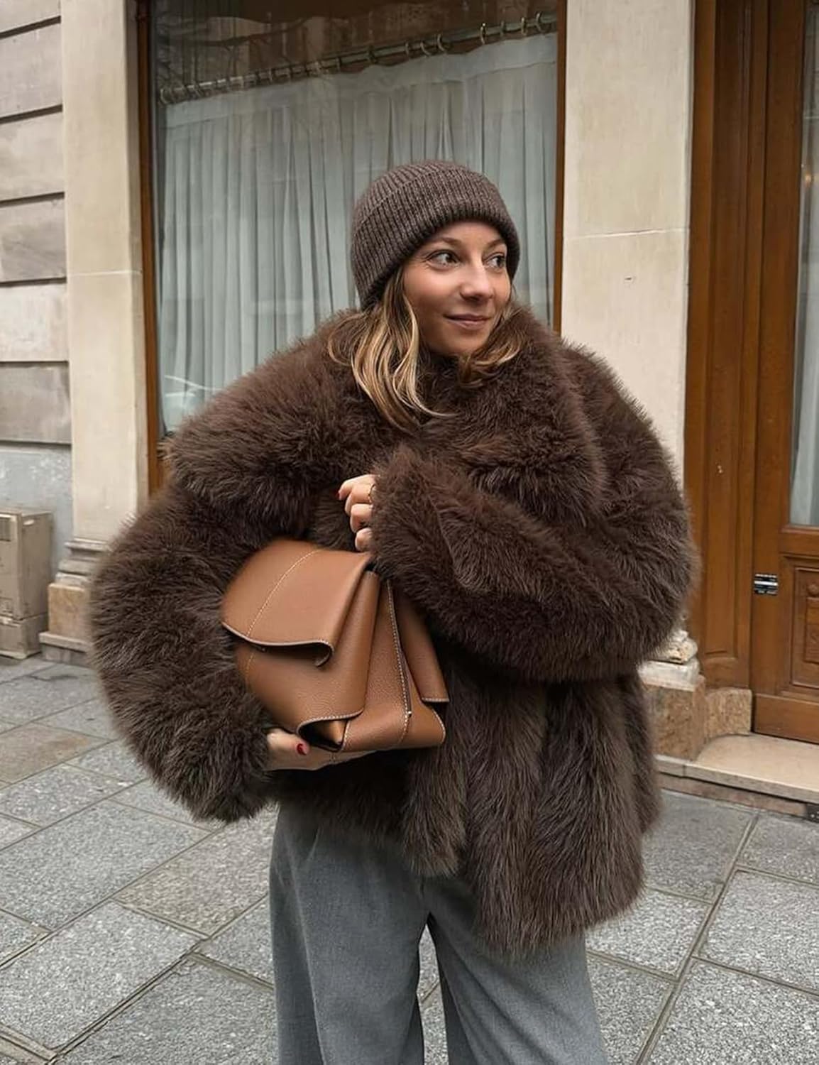 Kissonic Women Faux Fur Coat Long Sleeve Lapel Open Front Shaggy Furry Jacket Warm Fluffy Short Outwear - Image 2