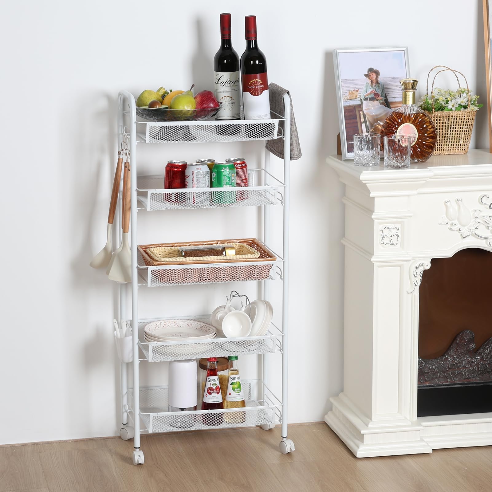 Carrello della Spesa Pieghevole,Cestino portafrutta Verdura,in Rete Metallica impilabile 5 Livelli Ruote girevoli 360 Gradi,contenitori carrelli Cucina Filo Metallico cipolle Pat