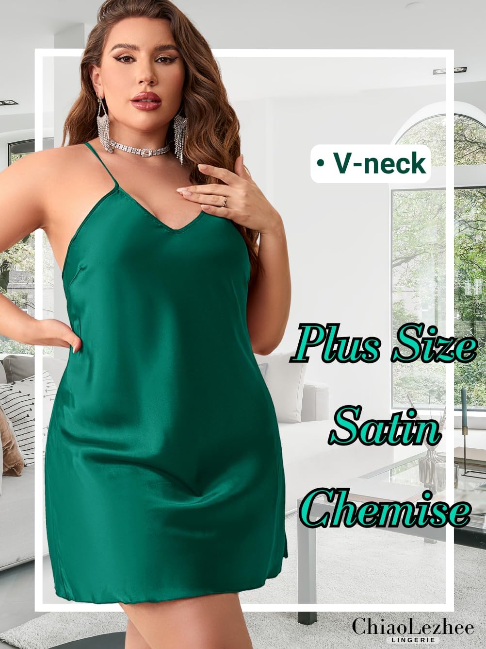 Plus Size Nightgowns, Sexy Satin Slip Dress, Plunge V Neck 1XL-5XL - Image 2