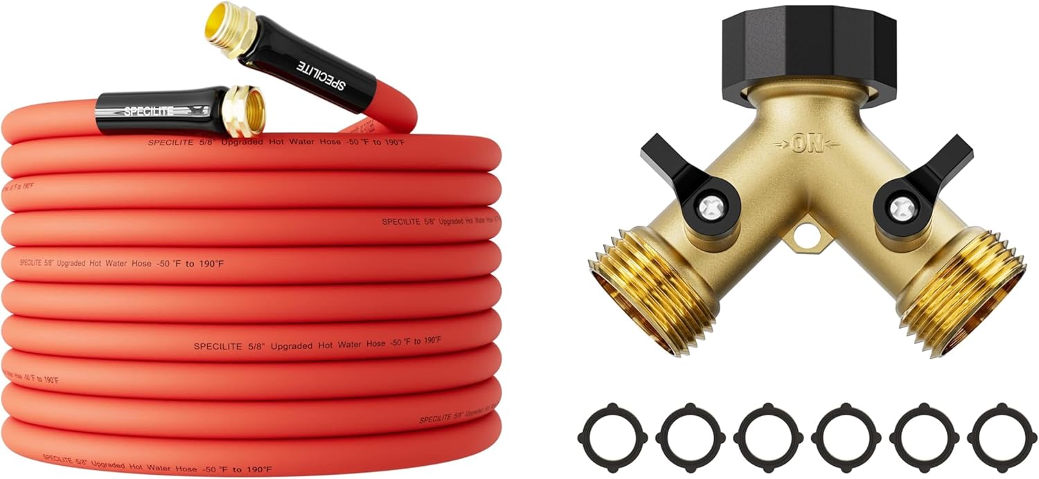 SPECILITE Hot/Cold Water Hose 5/8" x 50 ft + Garden Hose Splitter 2 Way