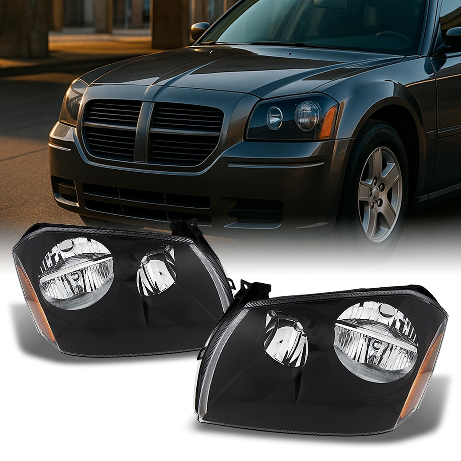 AKKON - For Dodge Magnum OE Replacement Black Bezel Headlights Driver/Passenger Head Lamps Pair New