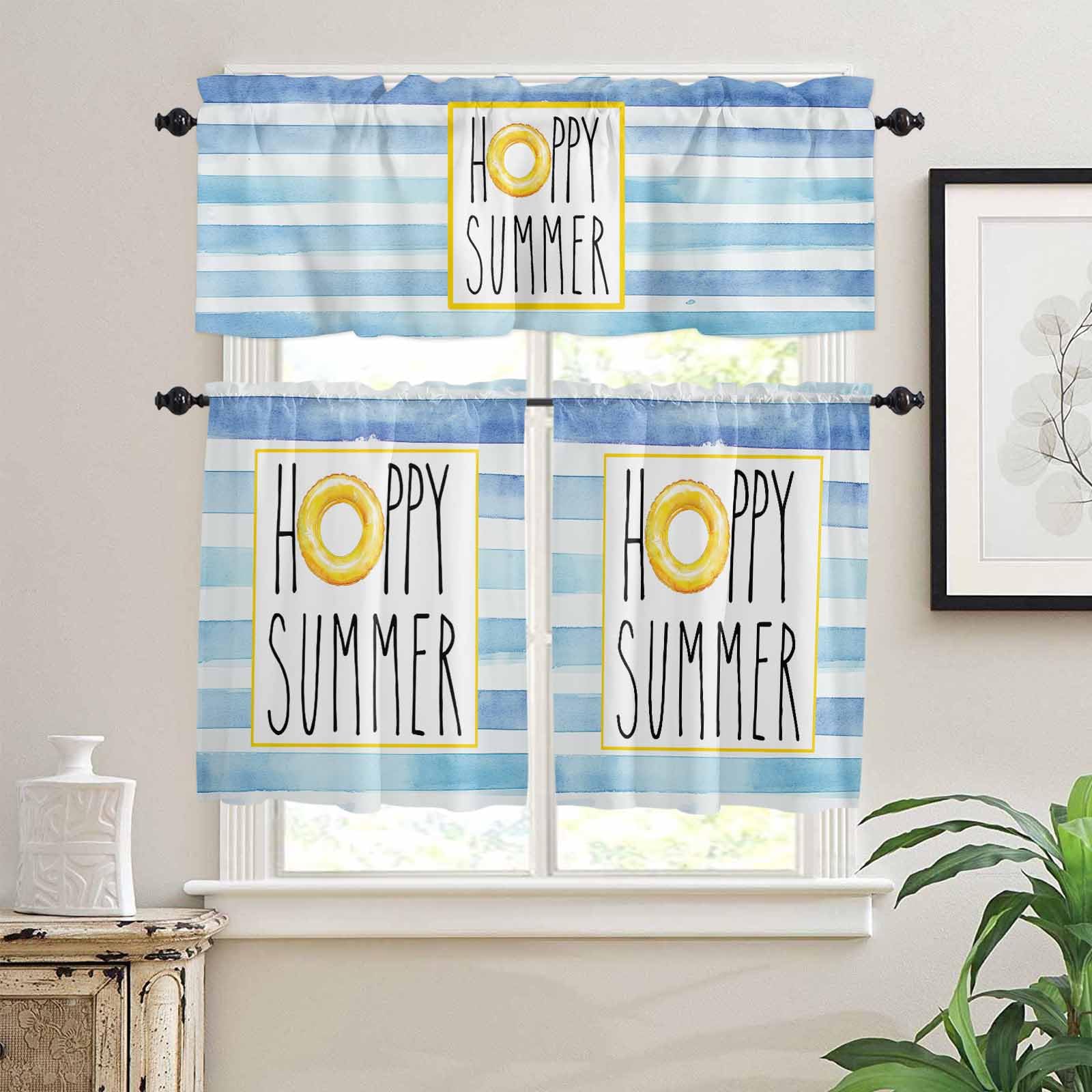 Blue White Striped Kitchen Curtains 36 Inch Length, 3 Piece Rod Pocket Small Half Tiers and Valance Set, Gradient Art Summer Swimming Ring Small Large Window Treatment Decor for Bedroom/Bathroom Sink