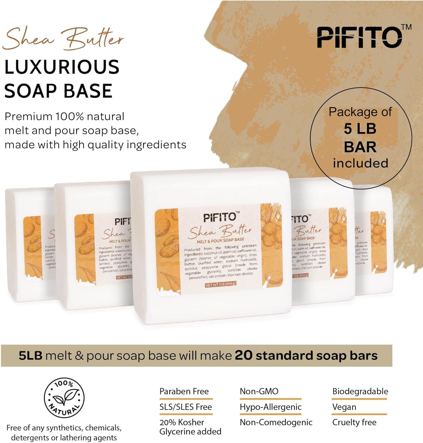 Pifito Shea Butter Melt and Pour Soap Base (5 lb) │ Bulk Premium 100% Natural Glycerin Soap Base │ Luxurious Soap Making Supplies