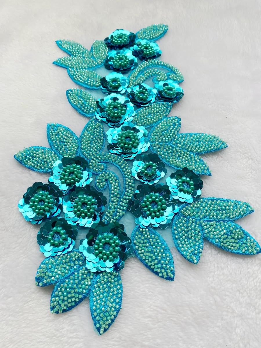 Handmade Sewing Sequin Beaded Or Pearl Flower Fabric Lace Applique For Wedding Dress Gown Bodice Costume Clothing Craft Diy 7 8x12 2inches Deepgreen