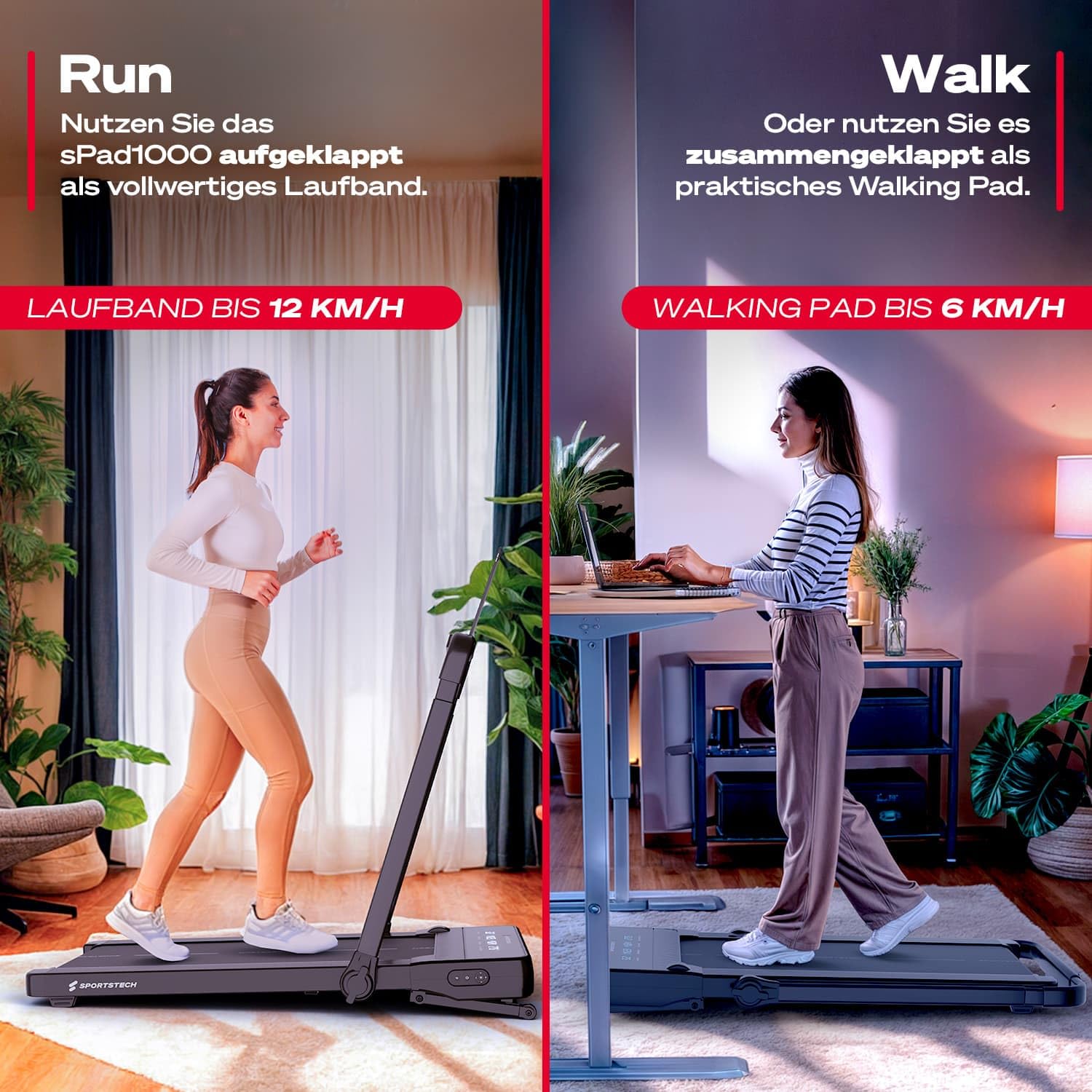 Sportstech Walking Pad mit automatischer Steigung, Laufband für Zuhause, Büro & Schreibtisch, klappbar, leise, Bluetooth, Fernbedienung, bis 130 kg, Heimtrainer Cardio Joggen, sPad500, sPad1000