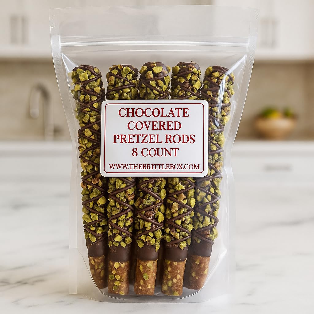 Pistachio Chocolate Covered Pretzel Rods – 16 Pack – Hand-Dipped, Made Fresh to Order, Individually Sealed, Gourmet Snack Gift – Resealable Bag for Freshness