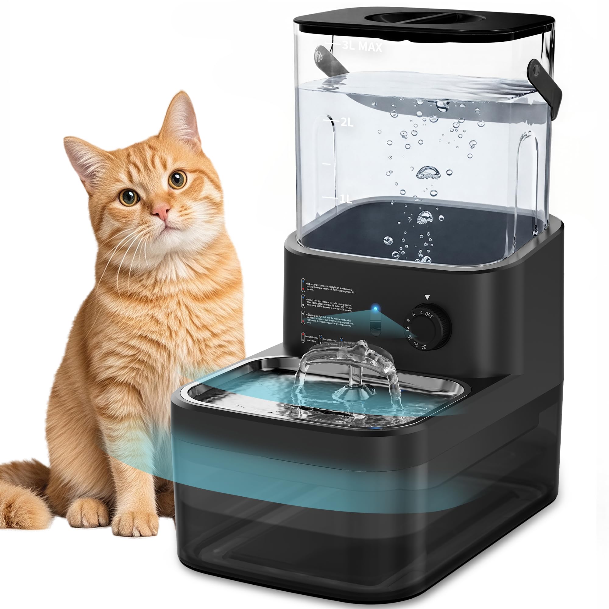 Photo 1 of 3L Filterless Cat Water Fountain, Wireless Motion Sensor Fountain with 4000mAh Battery, Stainless Steel Cat Bowls, Separate Water Tanks, Quiet – Black