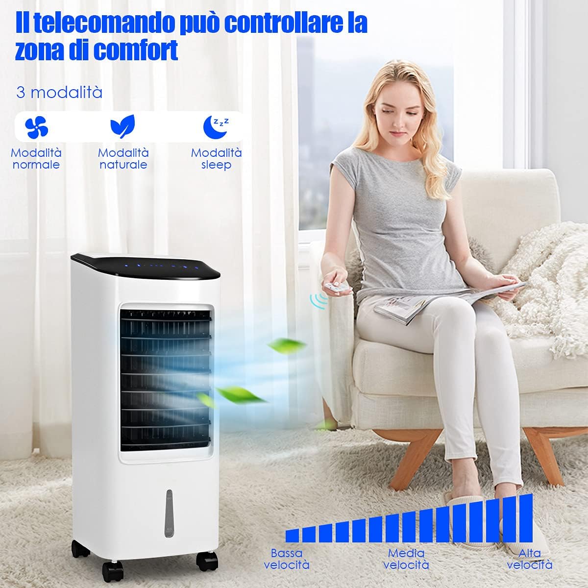GYMAX Raffrescatore d'Aria senza Tubo, 65W Condizionatore Portatile con Ghiaccio e Acqua 7L, 3 in 1 Raffrescatore Evaporativo Oscillazione Automatica, Timer 7,5h Telecomando per Casa e Ufficio, Bianco
