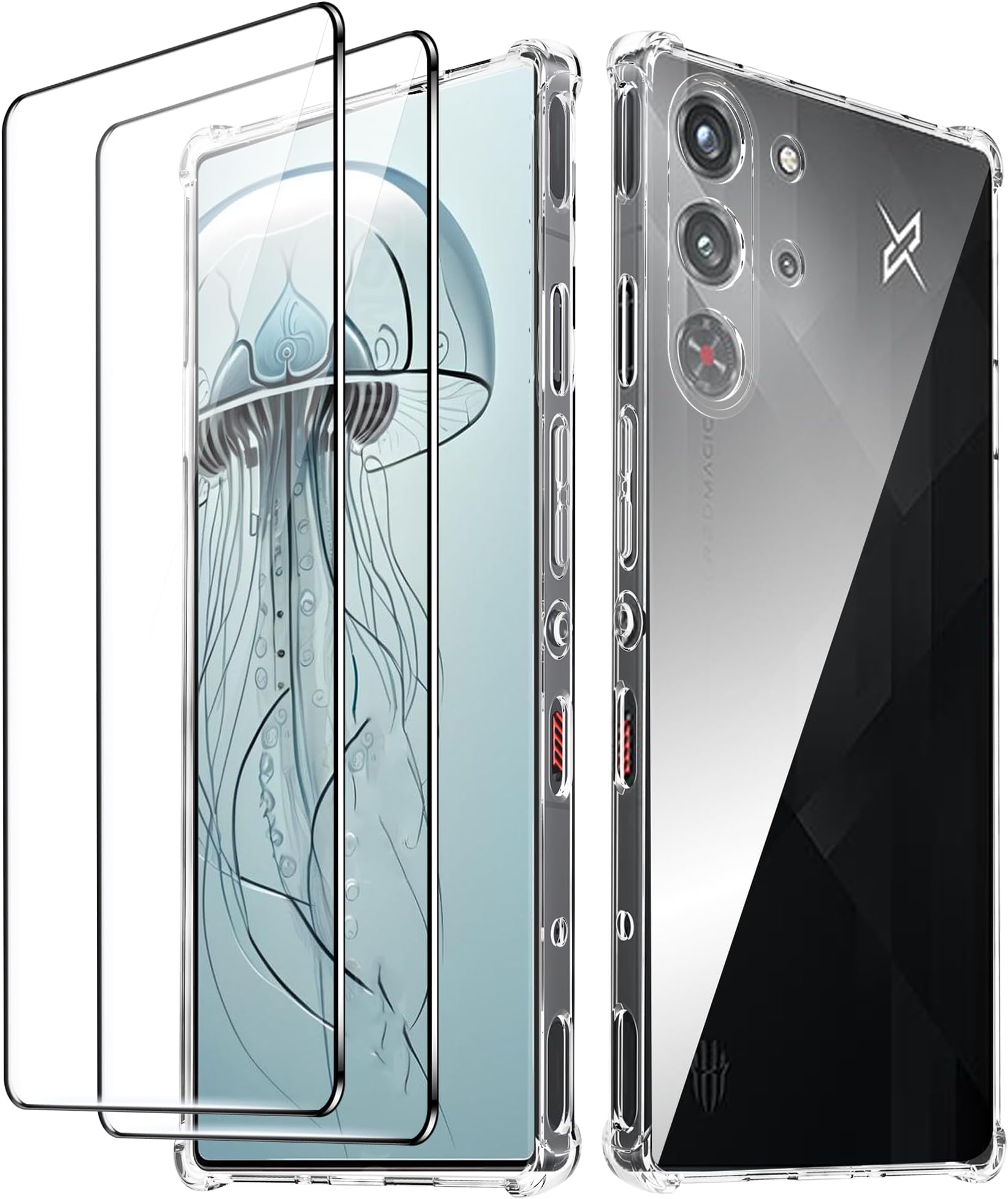 Fhyeugfy for ZTE Nubia Red Magic 10 Pro/10 Pro+/10S Pro/10S Pro+ Case with [2 Pack] Tempered Glass Screen Protector, Clear TPU,Reinforced Corner Shockproof, Anti-Scratch