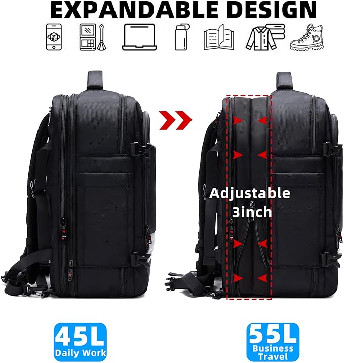 Asenlin Travel Backpack for Women Men, 40L-50L Laptop Backpack Black